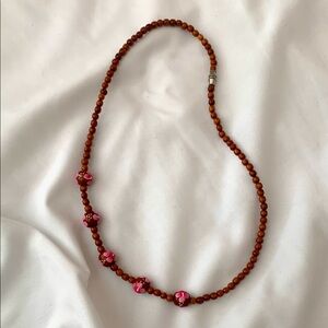 Vintage Women's Hawaiian Brown Wood Bead & Hibiscus Print Necklace